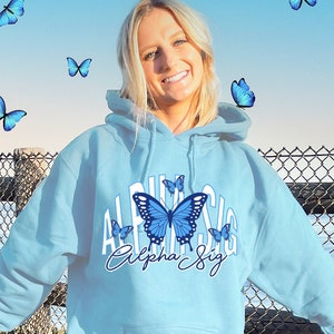 Personnalisé Alpha Sigma Alpha Baby Blue Butterfly Mignon Sorority Sweatshirt | | de vêtements sororité Sweat à capuche Alpha Sig Sorority tendance