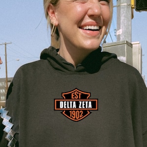 Delta Zeta Motorcycle-Inspired Hoodie | Dee Zee Trendy College Greek Custom Sweatshirt | DZ Big Little Sorority Gift