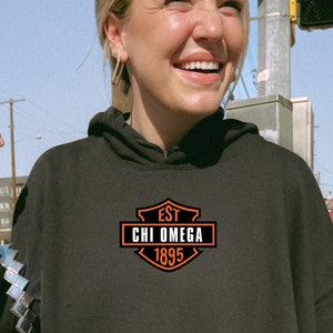 Chi Omega Motorcycle-Inspired Hoodie | ChiO Trendy College Greek Custom Sweatshirt | Big Little Sorority Gift
