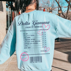 Delta Gamma Receipt Sorority Crewneck | Dee Gee Trendy Receipt Memories Sweatshirt | Big Little Gift | Bid Day Recruitment Gift