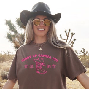 Gamma Phi Beta Giddy Up Pink Boots College Sorority TShirt | GPhi Western-Inspired Trendy Shirt | Gamma Phi Big Little Gift