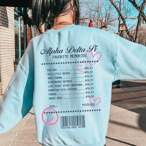 Alpha Delta Pi Receipt Sorority Crewneck | ADPi Trendy Receipt Memories Sweatshirt | Big Little Gift | Bid Day Recruitment Gift