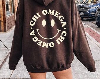Chi Omega Smile Sorority Sweatshirt | Trendy Chi O Custom Sorority Hoodie | Available in Brown Black Green Blue & Pink