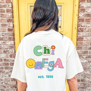 Chi Omega Fun Doodle Scrapbook T-Shirt | Chi Omega Trendy College Greek Custom Oversized Shirt | Big Little Sorority T Shirt