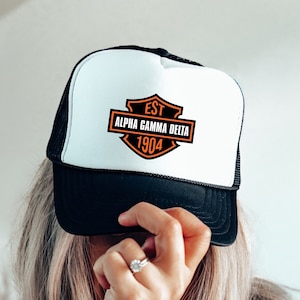 Alpha Gamma Delta Motorcycle Inspired Trendy Trucker Hat | Alpha Gam Vintage College Greek Custom Foam Hat | Big Little Sorority Gift