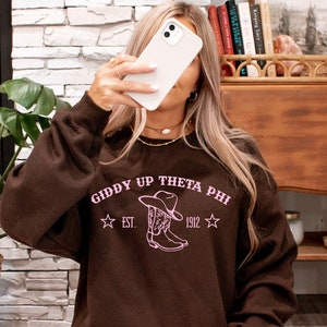 Theta Phi Alpha Country-Inspired College Sorority Crewneck | Theta Phi Western Giddy Up Trendy Sweatshirt | Big Little Gift