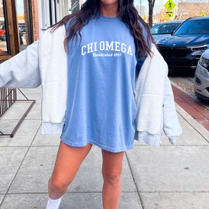 Chi Omega Varsity College Sorority Comfy T-Shirt | Trendy College Greek Custom Oversized Heavyweight Tee | Big Little Sorority
