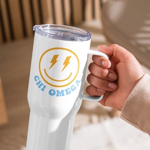 Chi Omega Trendy Tumbler | ChiO Sorority Travel Mug With Handle | Sorority Spill-Proof Car Bottle | Big Little Gift