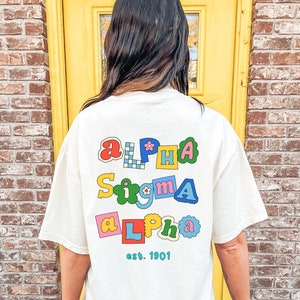 Alpha Sigma Tau Fun Doodle Scrapbook T-Shirt | Alpha Tau Trendy College Greek Custom Oversized Shirt | Big Little Sorority T Shirt
