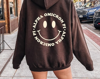 Alpha Omicron Pi Smile Sorority Sweatshirt | Trendy Alpha O Custom Sorority Hoodie | Available in Brown Black Green Blue & Pink