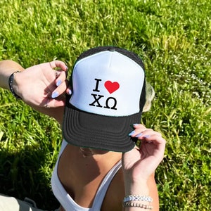 Chi Omega I Heart NY-Inspired Trucker Hat | Retro ChiO Greek Sorority Hat | Y2K Vintage Inspired 2000s Custom Foam Trucker Hat