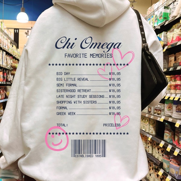 Chi Omega Receipt Sorority Hoodie | ChiO Trendy Receipt Memories Sweatshirt | Big Little Gift | Bid Day Recruitment Gift