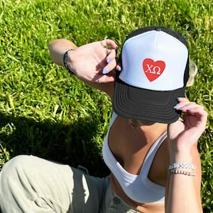 Chi Omega Red Heart Sorority Trendy Trucker Hat | ChiO Greek Letters | Bid Day Recruitment Custom Foam Trucker Hat | Big Little Gift
