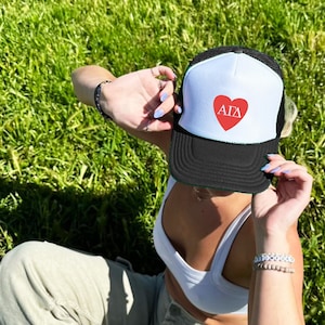 Alpha Gamma Delta Red Heart Sorority Trendy Trucker Hat | Alpha Gam Greek Letters | Bid Day Recruitment Custom Foam Trucker Hat | Big Little