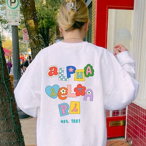 Alpha Delta Pi Fun Doodle Scrapbook Crewneck | ADPi Trendy College Greek Custom Sweatshirt | Big Little Sorority Gift
