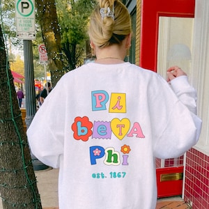 Pi Beta Phi Fun Doodle Scrapbook Crewneck | Pi Phi Trendy College Greek Custom Sweatshirt | Big Little Sorority Gift