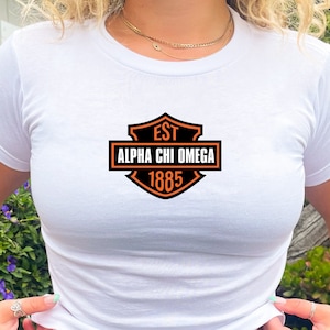 Alpha Chi Omega Motorcycle Inspired Crop Top | AXO Sorority Baby Tee | Alpha Chi Vintage Inspired 2000s Sorority T-Shirt | Big Little Gift
