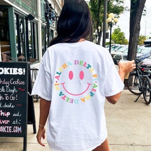 Alpha Delta Pi Sorority Smile T-Shirt | Cute Smile Groovy Colorful Shirt | Trendy Circle Text ADPi Big Little Gift