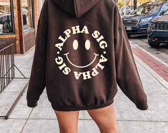 Alpha Sigma Alpha Smiley Sorority Sweatshirt | Trendy Alpha Sig Custom Sorority Hoodie | Available in Brown Black Green Blue & Pi