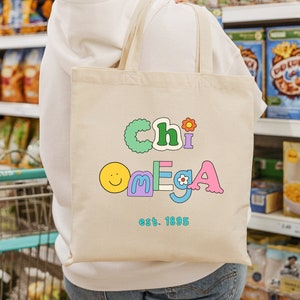 Chi Omega Fun Doodle Scrapbook Tote Bag | ChiO College Sorority Class Bag | Beach Bag | Big Little Tote Gift