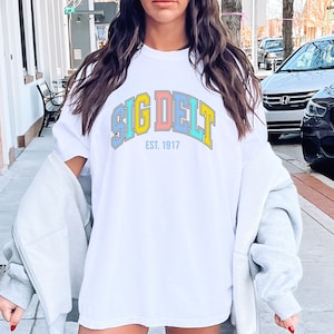 Sigma Delta Tau Varsity College Sorority Comfy T-Shirt | Sig Delt Trendy Greek Custom Oversized Heavyweight Tee | Big Little Sorority