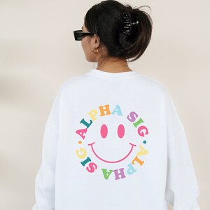 Alpha Sigma Alpha Sorority Smiley Sweatshirt Cute Smiley Groovy Colorful Crewneck Circle Text Soft MadHappy Sweatshirt Alpha Sig Hoodie