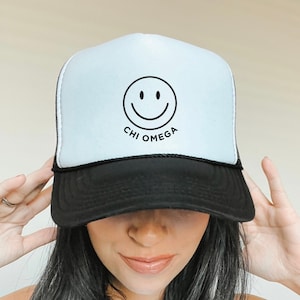 Chi Omega Smile Trendy Trucker Hat | ChiO Trendy College Greek Custom Foam Hat | Bid Day Recruitment | Big Little Sorority Gift