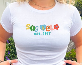 Sigma Delta Tau Fun Doodle Scrapbook Crop Top | Sig Delt Sorority Baby Tee | Vintage Inspired 2000s Sorority T-Shirt | Big Little Gift