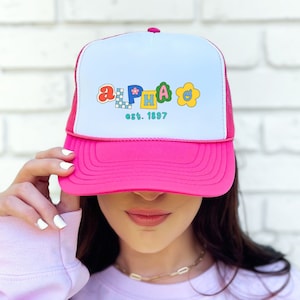 Alpha Omicron Pi Fun Doodle Scrapbook Trucker Hat | Alpha O Trendy College Greek Custom Hat | Big Little Sorority Gift