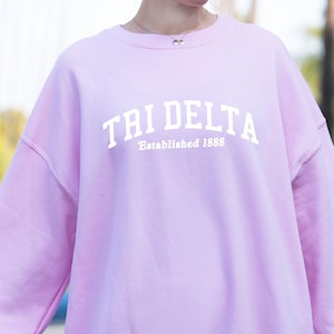 Delta Delta Delta Sorority Varsity College Tri Delta MadHappy Local Optimist Crewneck Sweatshirt in Brown Tan Baby Blue or Pink