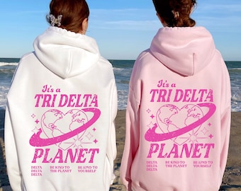 Delta Delta Delta Planet Hoodie | Be Kind to the Planet Trendy Sorority Hoodie | Greek Life Sweatshirt | Trendy Sorority Sweatshirt