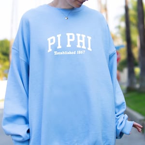 Pi Beta Phi Sorority Varsity College PiPhi MadHappy Local Optimist Crewneck Sweatshirt in Brown Tan Baby Blue or Pink