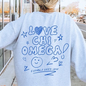 Chi Omega Love Doodle Crewneck | ChiO Trendy College Greek Custom Sweatshirt | Big Little Sorority Gift