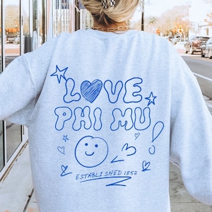 Phi Mu Love Doodle Crewneck | Phi Mu Trendy College Greek Custom Sweatshirt | Big Little Sorority Gift