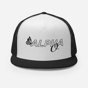 Alpha Omicron Pi Sorority Butterfly Script Embroidered Custom Trucker Snapback Hat - Available in White, Green, Red, Blue, & Black