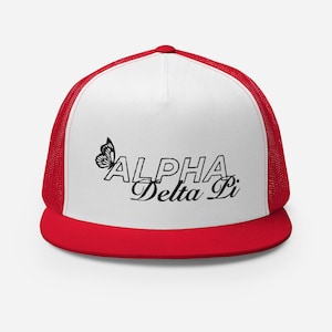 Alpha Delta Pi Cute Sorority Butterfly Script Embroidered ADPi Trucker Snapback Hat - Available in White, Green, Red, Blue, & Black