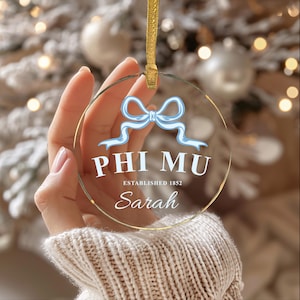 Phi Mu Sorority Clear Ribbon Acrylic Ornament | Phi Mu Customizable Christmas Gift | Custom Name Ornament