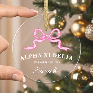 Alpha Xi Delta Sorority Clear Ribbon Acrylic Ornament | Alpha Xi Customizable Christmas Gift | Custom Name Ornament