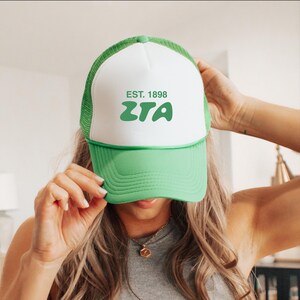 Zeta Tau Alpha Bubble Text Trendy Trucker Hat | Zeta Bid Day Recruitment Gift | Big Little Gift
