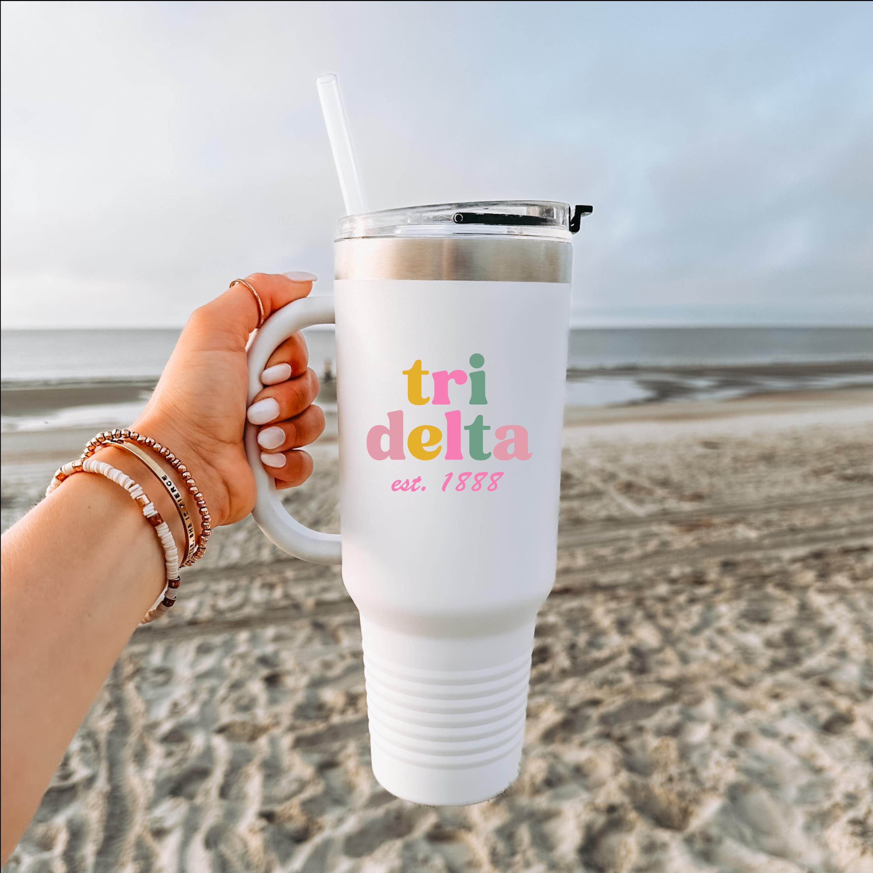Delta Delta Delta 40oz Trendy Colorful Text Sorority Tumbler | Tri Delta Tumbler Cup Big Little Recruitment Gift