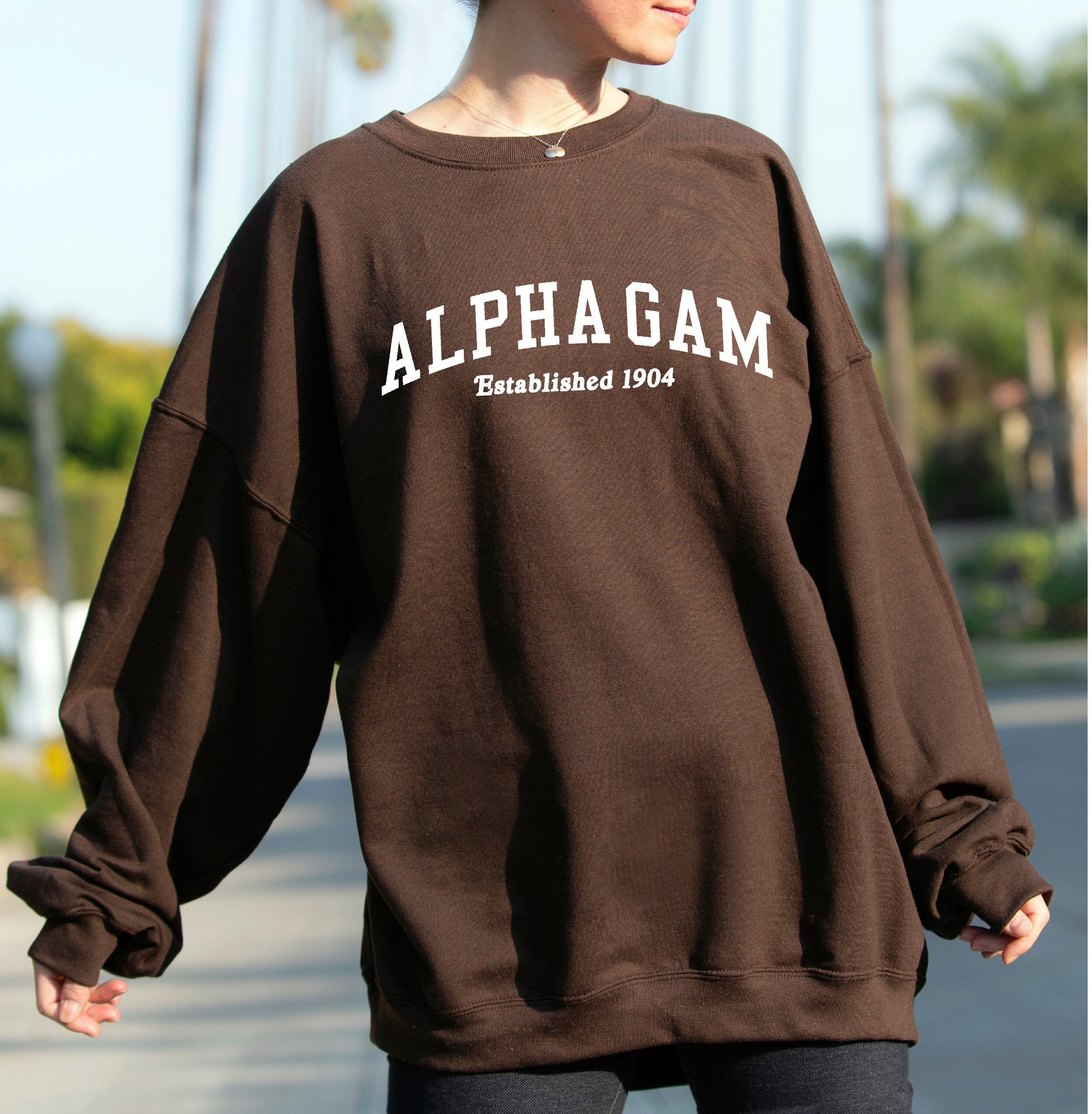 Alpha Gamma Delta Sorority Varsity College Alphagam Madhappy Local Optimist Crewneck Sweatshirt Available in Brown Tan Baby Blue Pink Etsy