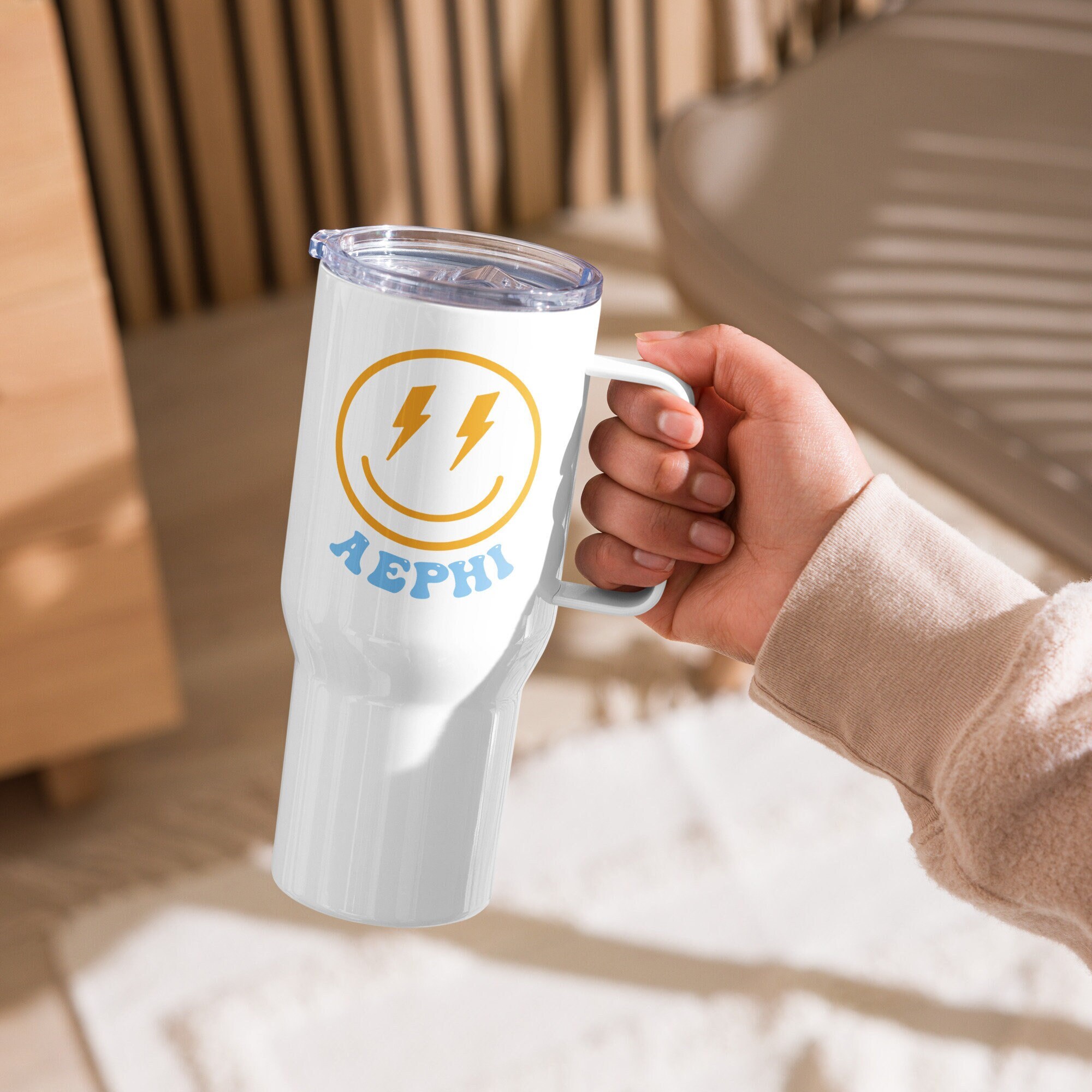 Alpha Epsilon Phi Trendy Tumbler | AEPhi Sorority Travel Mug With Handle | Sorority Spill-Proof Car Bottle | Big Little Gift