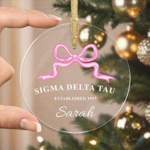 Sigma Delta Tau Sorority Clear Ribbon Acrylic Ornament | Sig Delt Customizable Christmas Gift | Custom Name Ornament