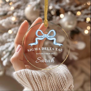 Sigma Delta Tau Sorority Clear Ribbon Acrylic Ornament | Sig Delt Customizable Christmas Gift | Custom Name Ornament