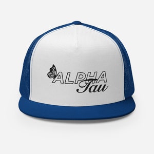 Alpha Sigma Tau Cute Sorority Butterfly Script Embroidered Alpha Tau Trucker Snapback Hat - Available in White, Green, Red, Blue, & Black