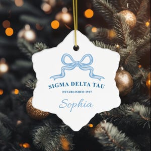 Sigma Delta Tau Customizable Trendy Ribbon Ornament Gift | Sig Delt Holiday Christmas Gift | Sorority Ornament | Your Name