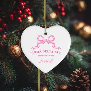 Sigma Delta Tau Customizable Trendy Ribbon Ornament Gift | Sig Delt Holiday Christmas Gift | Sorority Ornament | Your Name