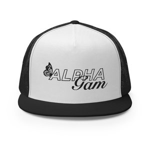 Alpha Gamma Delta Sorority Butterfly Script Embroidered AlphaGam Custom Trucker Snapback Hat - Available in White, Green, Red, Blue, & Black