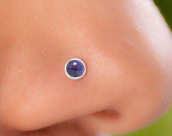 Sterling Silver Nose Stud 22 Gauge With Amethyst Gemstone - L Shape Amethyst Nose Piercing - Purple Nose Stud