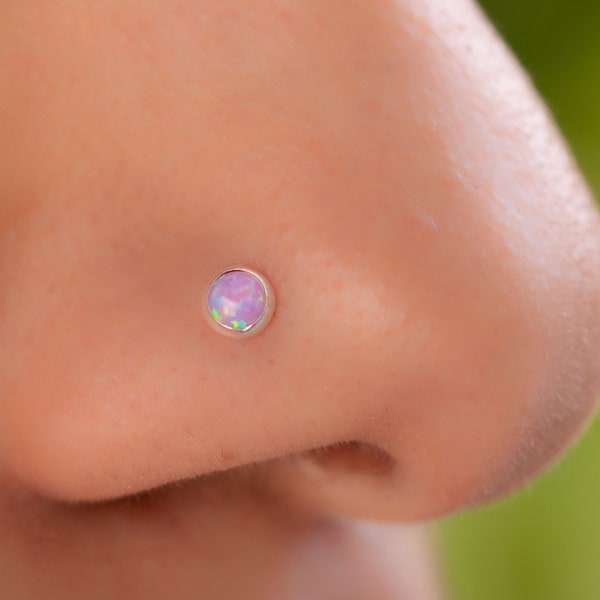 925 Silver Nose Stud Pink Opal - 22 Gauge Nose Piercing Stud For Women L Shape